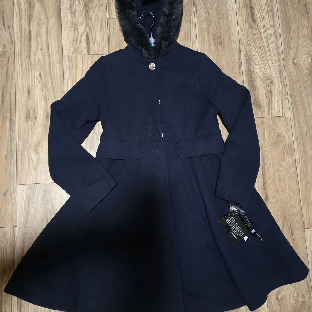 Rothschild Navy Hooded Wool Pea Coat with Faux Fur Trim